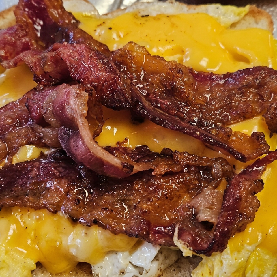 Open-faced breakfast sandwich topped with crispy bacon, fried egg, and melted yellow cheese on toasted bread.