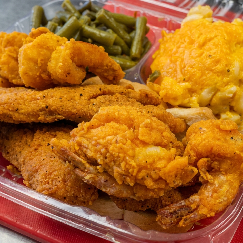 Takeout container filled with fried fish, shrimp, hush puppies, green beans, and macaroni and cheese.