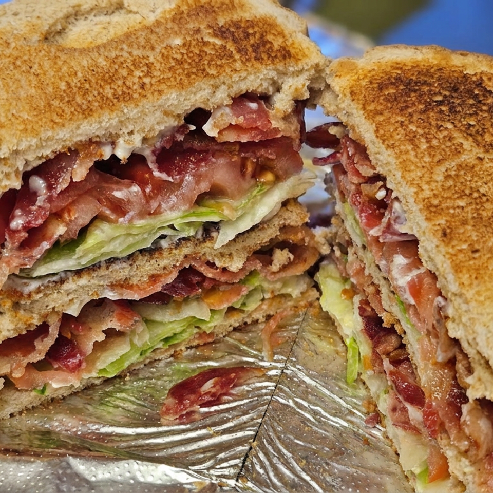 Two toasted bacon, lettuce, and tomato sandwiches stacked on a reflective serving plate.