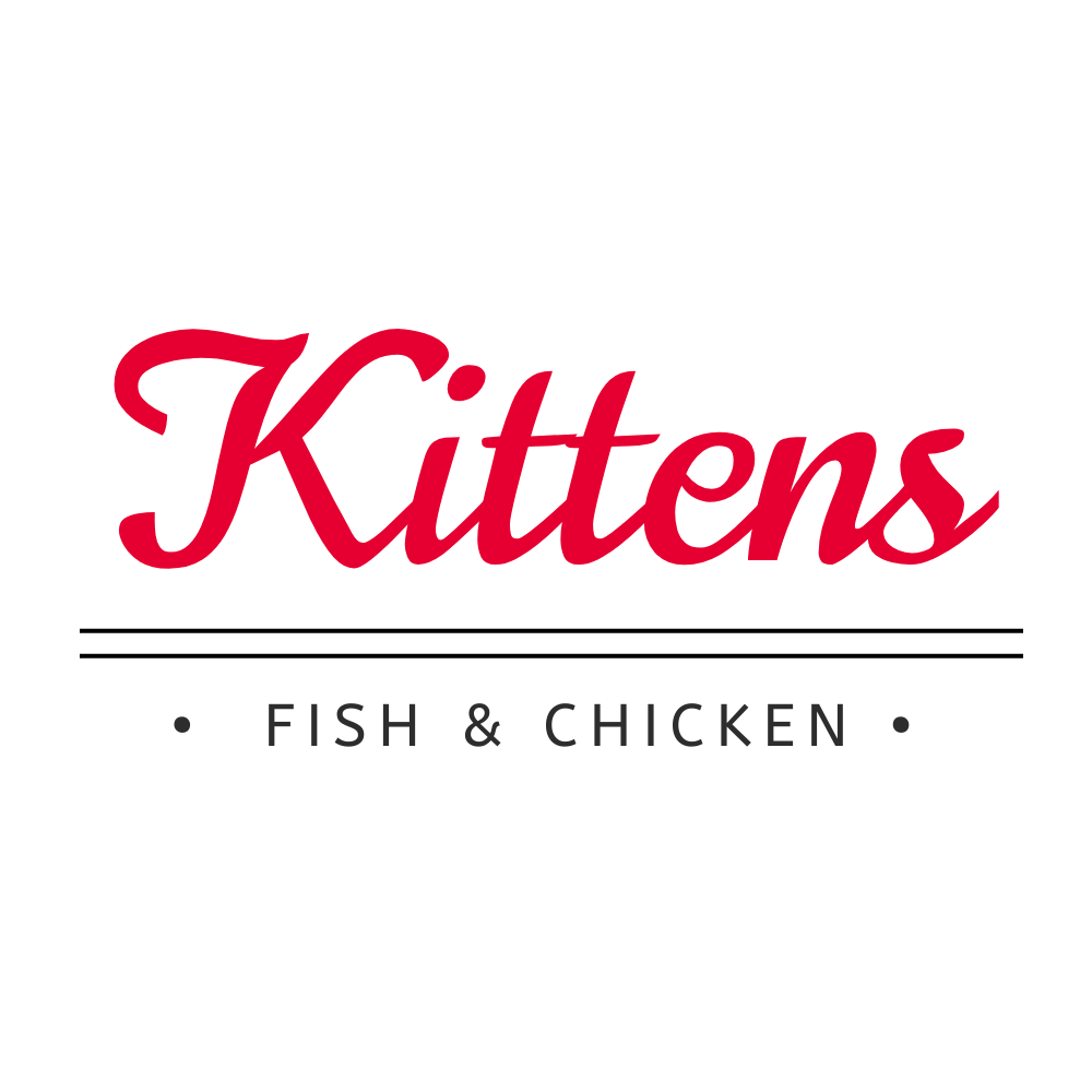 A black and red logo for kittens fish & chicken.